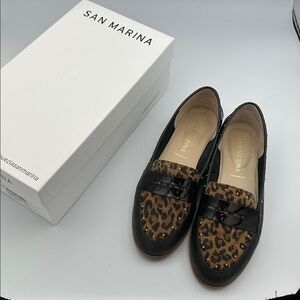 San Marina Leather Black Animal Print Penny Loafers Sz39 US8.5
